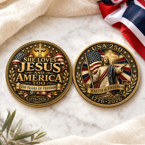 USA 250 She Loves Jesus and America Too Challenge Coin, Faith & Freedom 1776-2026 Christian Patriotic Coin