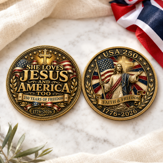 USA 250 She Loves Jesus and America Too Challenge Coin, Faith & Freedom 1776-2026 Christian Patriotic Coin