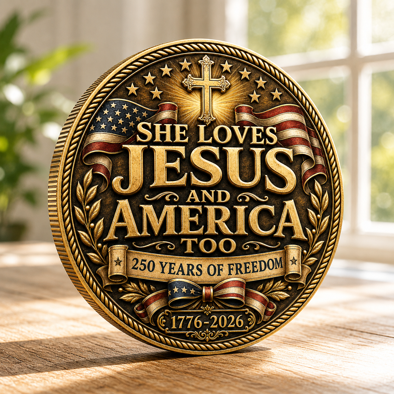 USA 250 She Loves Jesus and America Too Challenge Coin, Faith & Freedom 1776-2026 Christian Patriotic Coin