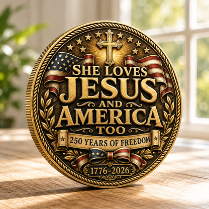 USA 250 She Loves Jesus and America Too Challenge Coin, Faith & Freedom 1776-2026 Christian Patriotic Coin