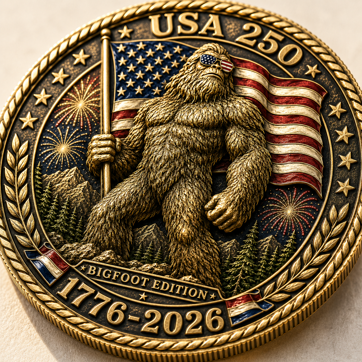 USA 250 Bigfoot Loves America Too Challenge Coin, 1776-2026 Sasquatch Patriotic Collectible Coin