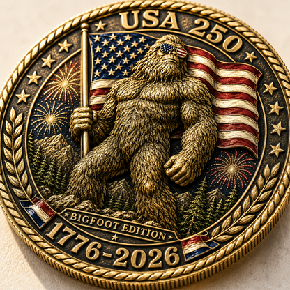 USA 250 Bigfoot Loves America Too Challenge Coin, 1776-2026 Sasquatch Patriotic Collectible Coin