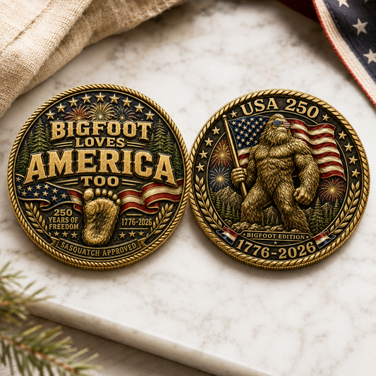 USA 250 Bigfoot Loves America Too Challenge Coin, 1776-2026 Sasquatch Patriotic Collectible Coin