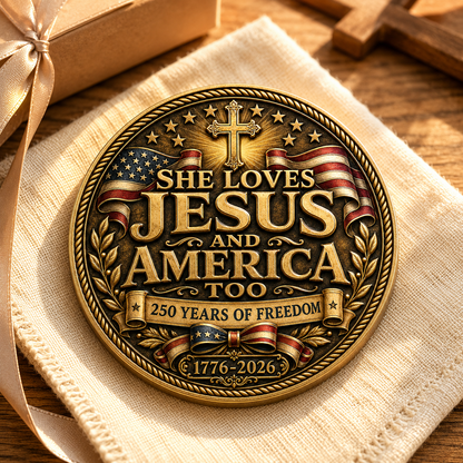USA 250 She Loves Jesus and America Too Challenge Coin, Faith & Freedom 1776-2026 Christian Patriotic Coin
