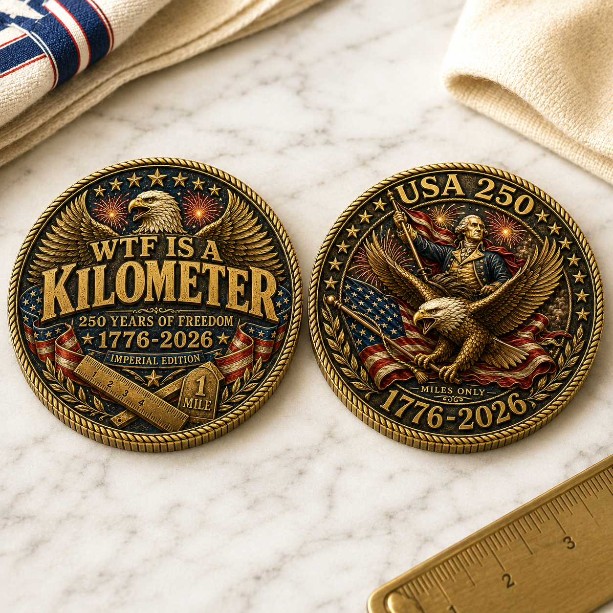 USA 250 WTF Is a Kilometer Challenge Coin, 1776-2026 Imperial Edition Funny Patriotic Coin