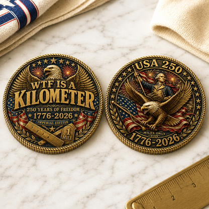 USA 250 WTF Is a Kilometer Challenge Coin, 1776-2026 Imperial Edition Funny Patriotic Coin