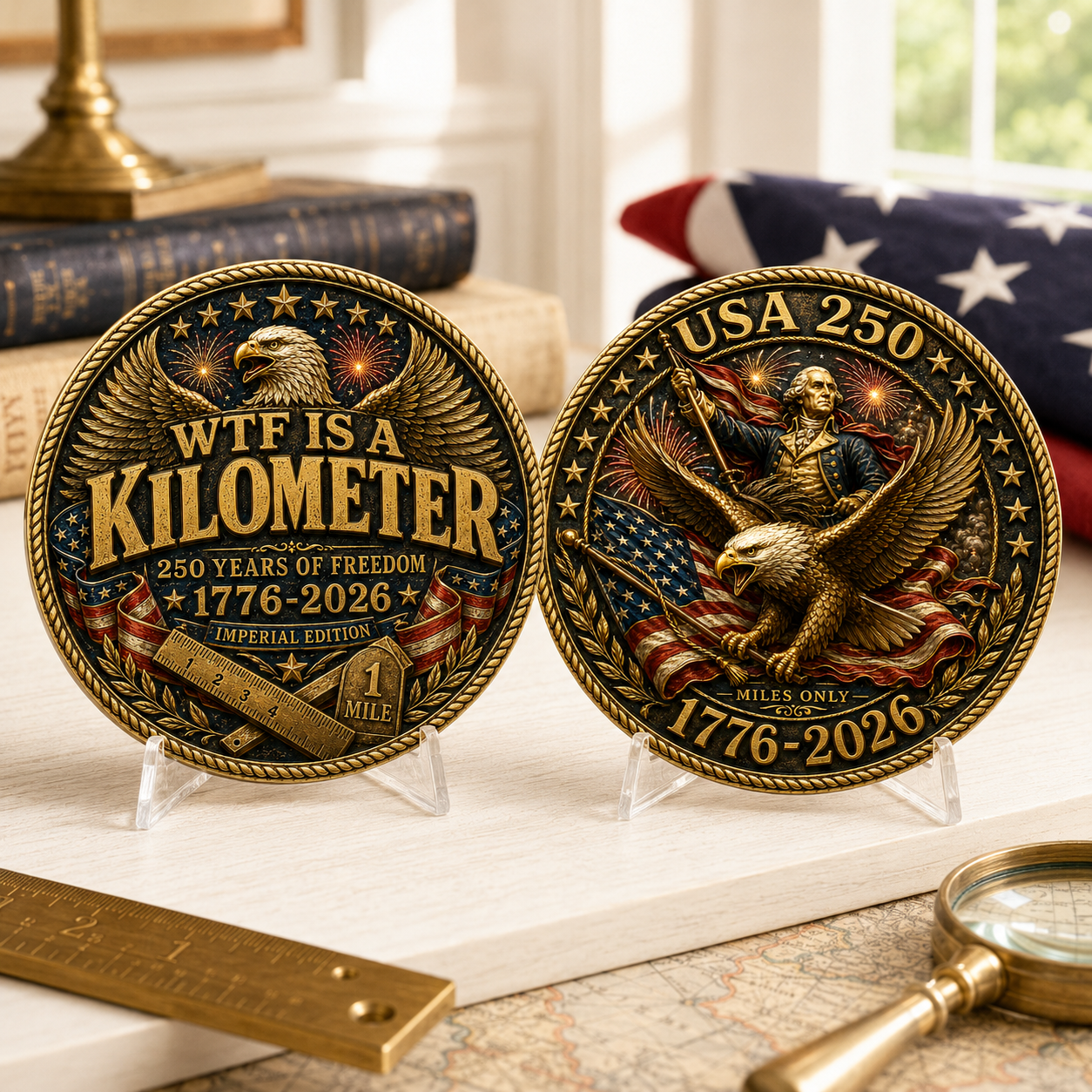 USA 250 WTF Is a Kilometer Challenge Coin, 1776-2026 Imperial Edition Funny Patriotic Coin