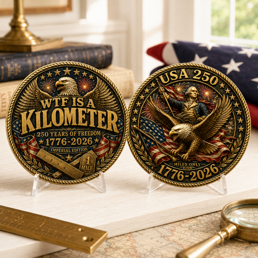 USA 250 WTF Is a Kilometer Challenge Coin, 1776-2026 Imperial Edition Funny Patriotic Coin
