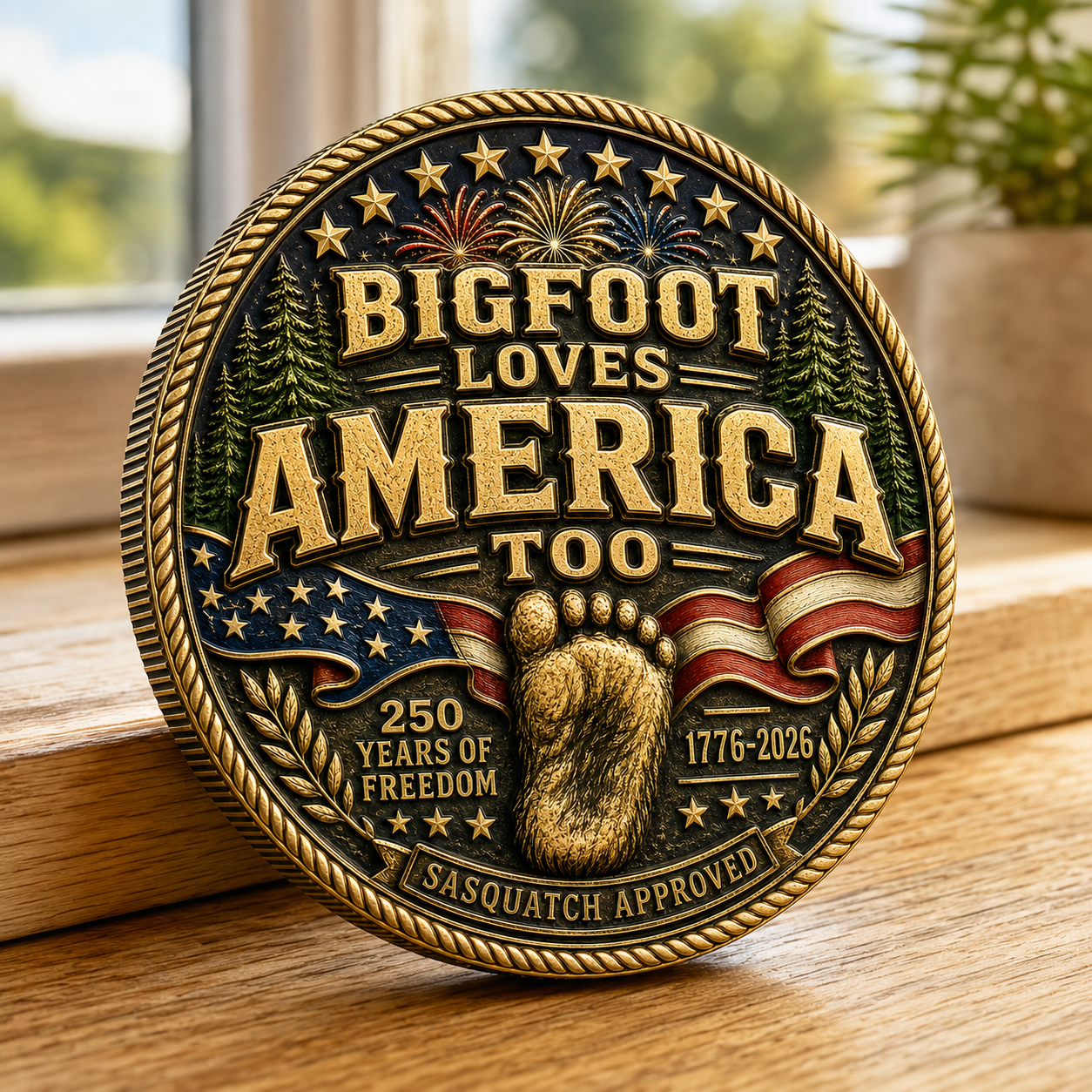 USA 250 Bigfoot Loves America Too Challenge Coin, 1776-2026 Sasquatch Patriotic Collectible Coin