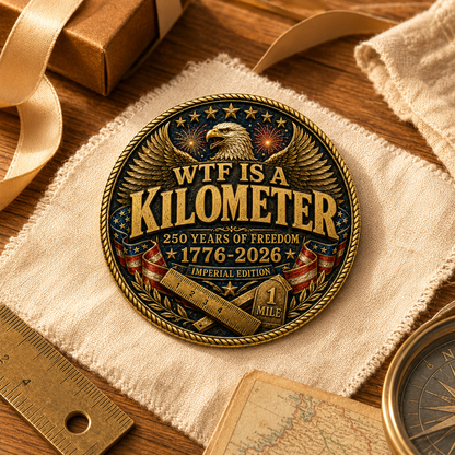 USA 250 WTF Is a Kilometer Challenge Coin, 1776-2026 Imperial Edition Funny Patriotic Coin