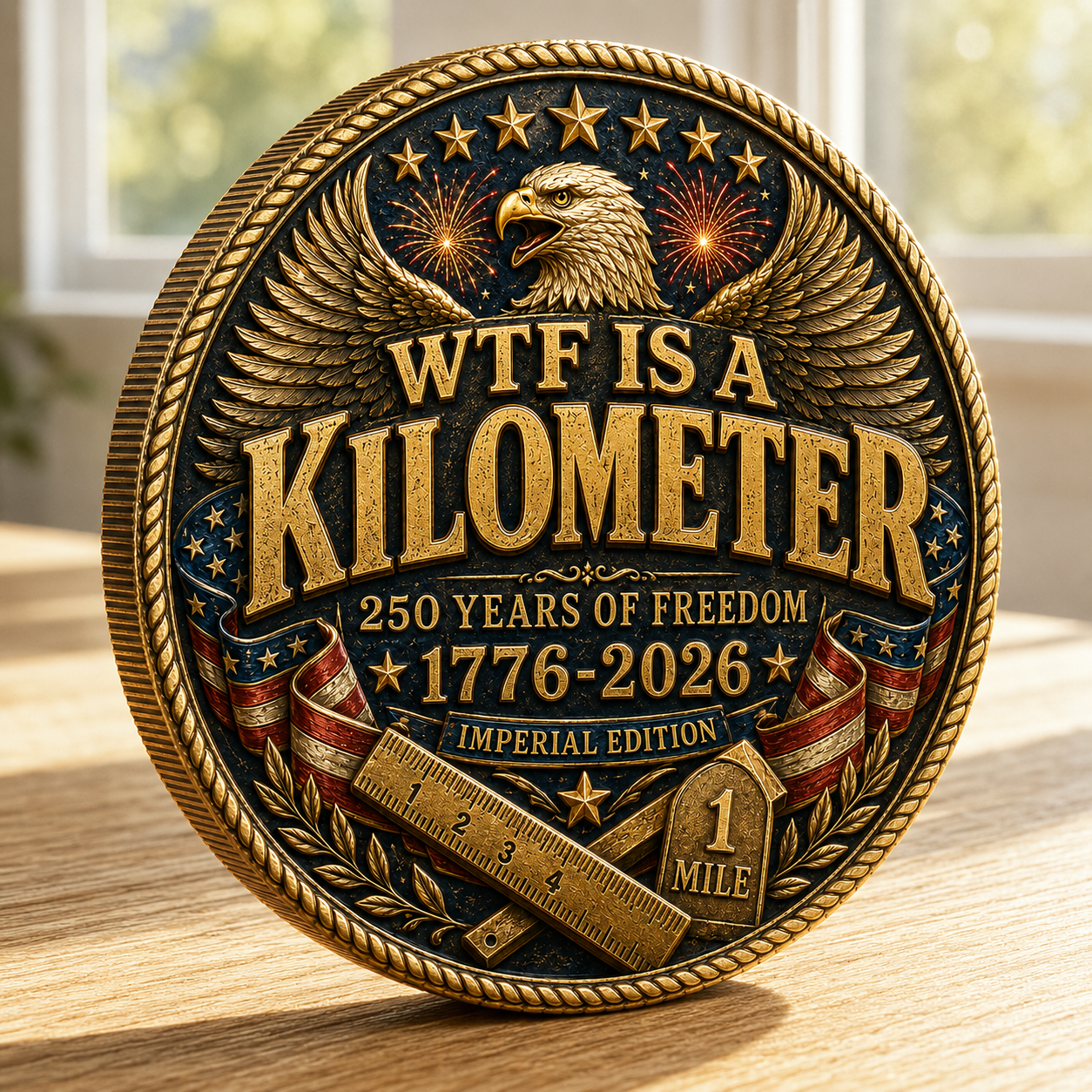 USA 250 WTF Is a Kilometer Challenge Coin, 1776-2026 Imperial Edition Funny Patriotic Coin