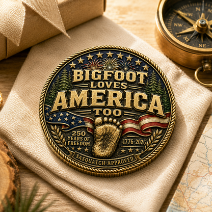USA 250 Bigfoot Loves America Too Challenge Coin, 1776-2026 Sasquatch Patriotic Collectible Coin