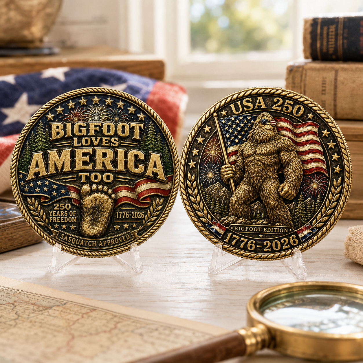 USA 250 Bigfoot Loves America Too Challenge Coin, 1776-2026 Sasquatch Patriotic Collectible Coin