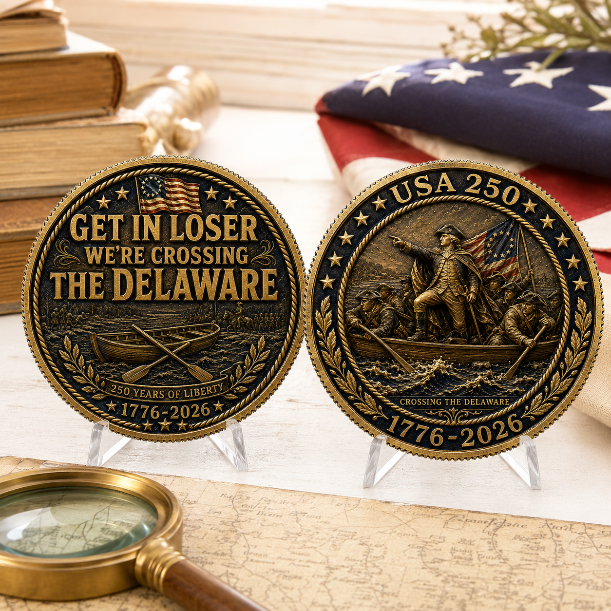 USA 250 Get In Loser We’re Crossing the Delaware Challenge Coin, 1776-2026 Revolutionary War Coin