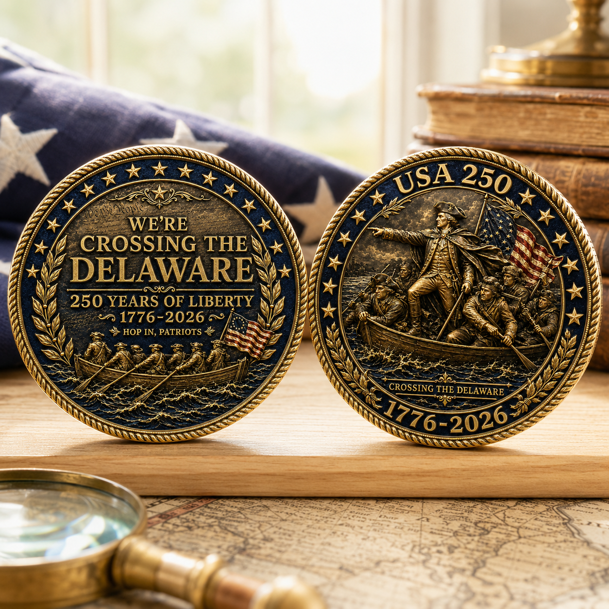 USA 250 Crossing the Delaware Commemorative Coin, 1776-2026 Liberty Anniversary Patriotic Challenge Coin