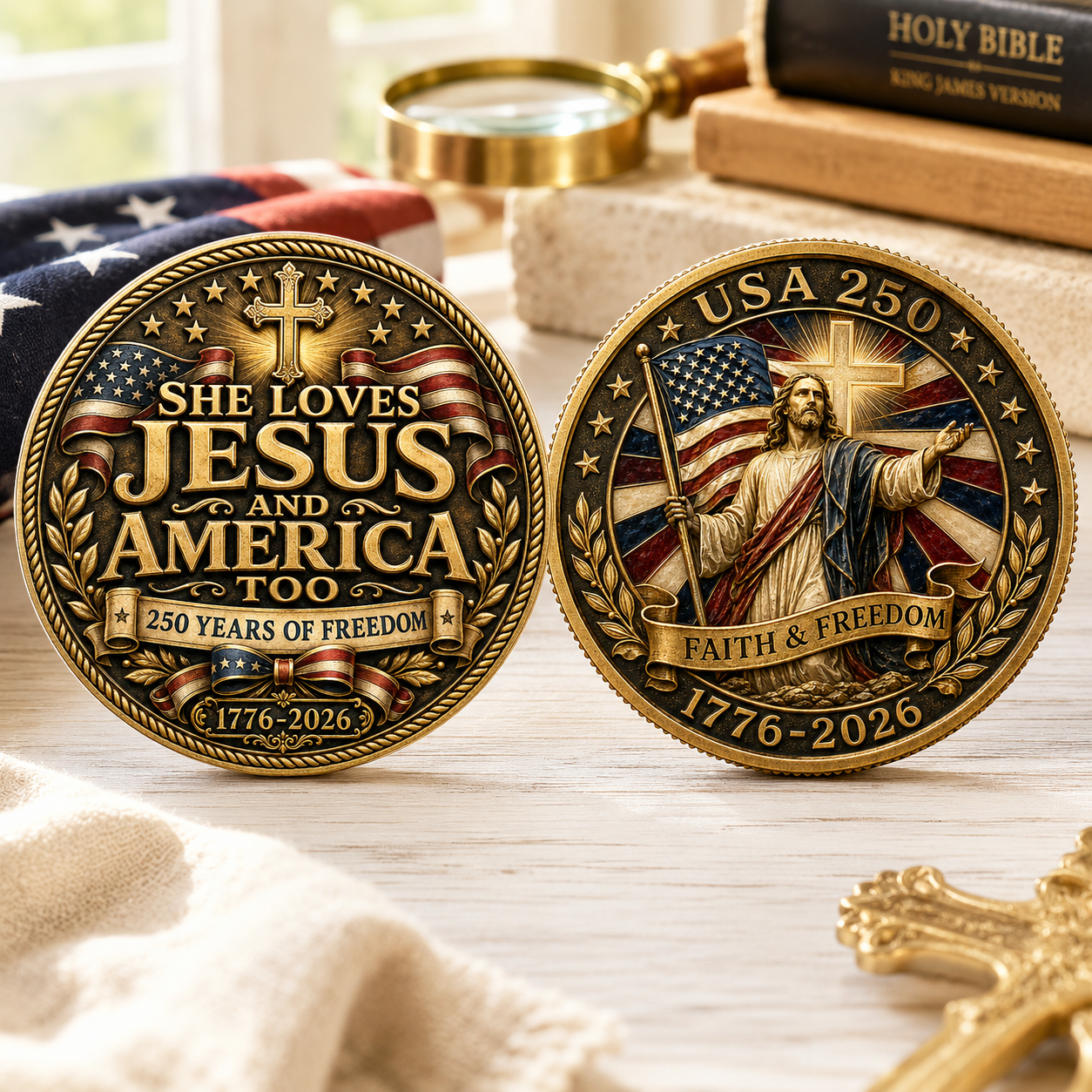 USA 250 She Loves Jesus and America Too Challenge Coin, Faith & Freedom 1776-2026 Christian Patriotic Coin