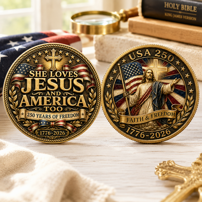 USA 250 She Loves Jesus and America Too Challenge Coin, Faith & Freedom 1776-2026 Christian Patriotic Coin