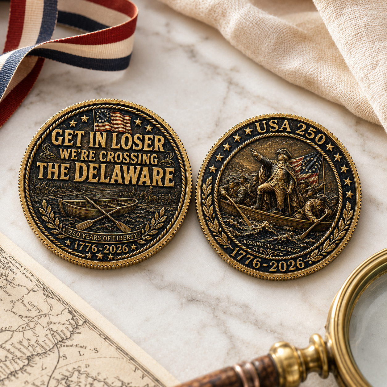USA 250 Get In Loser We’re Crossing the Delaware Challenge Coin, 1776-2026 Revolutionary War Coin