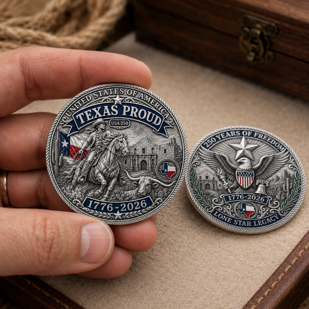 Texas Proud 250th Anniversary Coin – Silver & Gold Options – America 1776–2026 Patriotic Gift for Texans